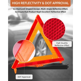 Noone Safety Triangles DOT Approved, 3 Pack Foldable Warning Reflective Triangles, US FMVSS 571 125 with Carrying Case, Heavy Base Emergency Roadside Triangles