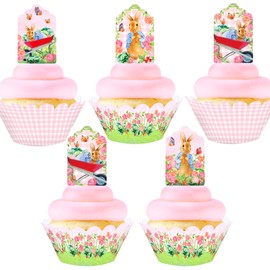 Peter Cupcake Toppers and Wrappers - 24 Cupcake Toppers and 24 Cupcake Wrappers - Rabbit Party Supplies - Peter Party Decorations - Pink Cupcake