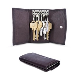 Li Fine Stitched Cowhide Leather Key Holder - Compact and Versatile Key Organizer Featuring 6 Key Hooks for Your Keys & Spacious Storage For Credit Cards And Money - Secure & Durable Key Case (Brown)