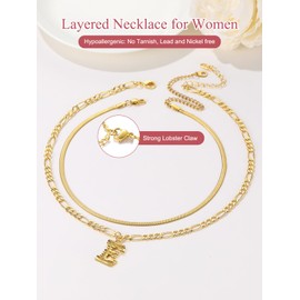 FOCALOOK Damen-Halskette, Initiale, doppellagig, Edelstahl, vergoldet, Spiegelkette 3 mm 41 cm und Figarokette 4,5 mm 45 cm mit Anhänger Buchstabe F, Edelstahl Vergoldet