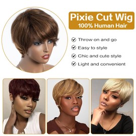 JOEDIR HAIR Pixie Cut Wig Human Hair Short Wig for Black Women Short Pixie Wig Glueless Wig 150% Density (Brown Highlight)
