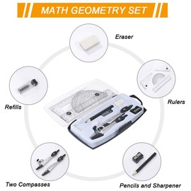 Vicloon Geometry Set of 10 Mathematics Set with Shatterproof Storage Box, Including Compass, Protractor, Set Square, Lead Refill, Pencil, Eraser & Sharpener for School Mathematics