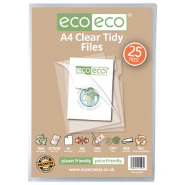 eco-eco A4 50% Recycled Bag 25 Tidy Report Files, 200 Micron Open Top & Side Covers File Wallets Clear Cut Flush, eco097