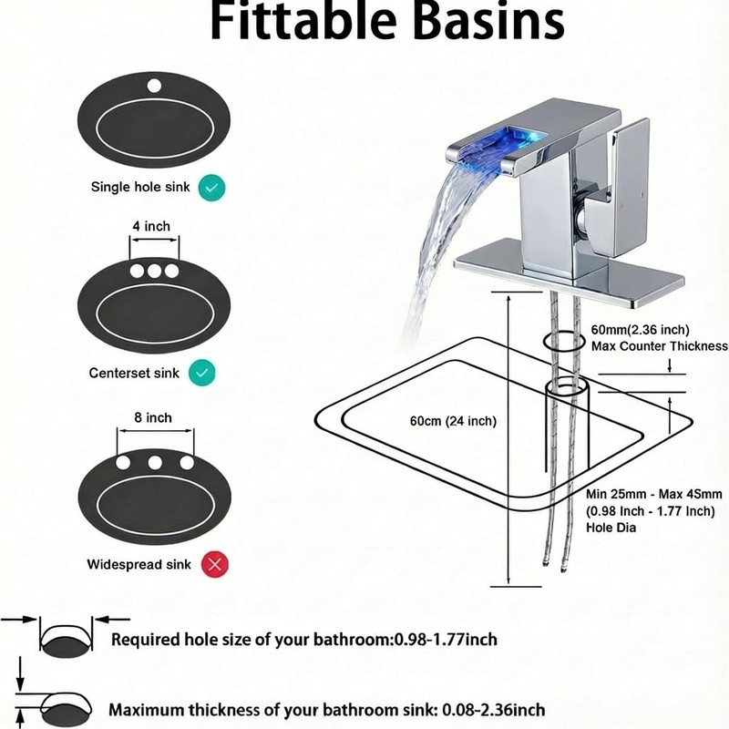 AVSIILE LED Bathroom Sink Faucet, Chrome Waterfall Single Hole Handle
