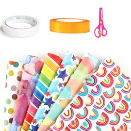 Wrapping Paper Roll, 6 Sheets Gift Wrapping Paper Set,Rainbow Birthday Wrapping Paper w/Sticker, with Packaging Ribbonsafety scissors& Tapes, Gift Wraps for Birthday, Valentines, Christmas, Easter