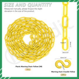 Keadic 5M 21PCS Plastic Fence Chain Plastic Warning Chain Chain Link Fence for Crowd Control Traffic Queuing Line (Yellow)