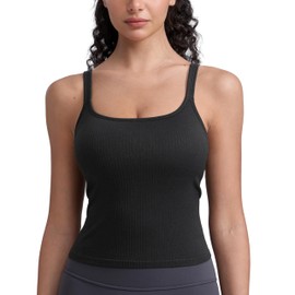 CRZ YOGA Seamless Womens U Neck Longline Sports Bra - Thin Strap Padded Workout Crop Tank Ribbed Open Back Yoga Camisole Top Black Small