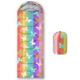 QOOMO Rainbow Butterfly Printed Camping Sleeping Bags,3 Season Warm & Cool Weather,Lightweight,Waterproof Sleeping Bags for Adults & Kids,Traveling,and Outdoors,Camping Gear Equipment,31x90inch