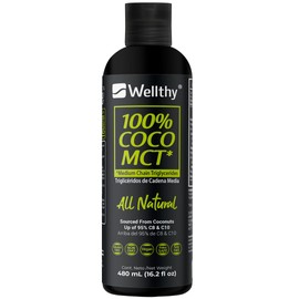 Wellthy MCT Oil 480ml, 32 Porciones, Ácido Caprílico 100% Puro y Natural de Coco, KETO y Paleo Safe, Energía y Concentración, 0g de Azúcar, Gluten Free, NON GMO, Vegan, Libre de Soya, Certificado Internacionalmente, Origen Filipino.