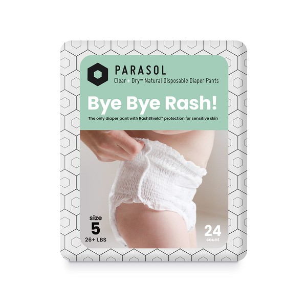 Parasol Clear+Dry™ Diaper Pants | Natural Training Diaper | Pure Ingredients, Water Based Ink, Non-Woven Fabric with Dermatest Excellent Seal | Rash Protection Diaper Set, Size 5 (26+ lbs.) 24 Count