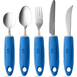 Utensilios adaptativos (juego de cocina de 5 piezas) anchos, no pesados, mangos antideslizantes para temblores de manos, artritis, parkinson o uso mayores, cuchillo de acero inoxidable, cuchillo basculante, tenedor, cucharas, color azul