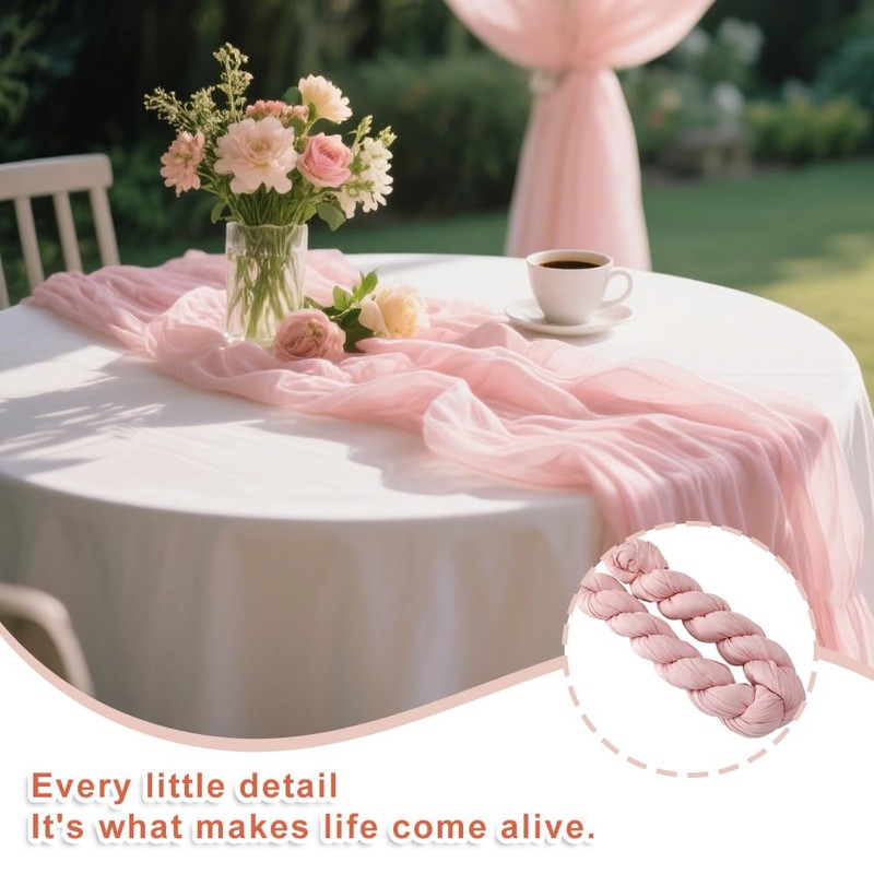 2 PCS Pink Cheesecloth Table Runners, 90x300 cm Boho Dusty
