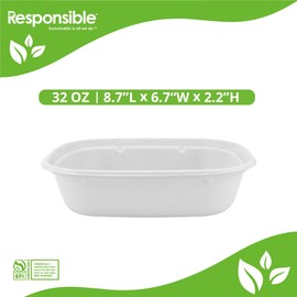 Responsible Products 32 oz Rectangle Bowls I Tree-Less™ Compostable Molded Fiber Disposable Bowls I Extra Strength I NO-PFAS I Classic White (50 Count)