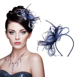 Navy Fascinators for Weddings, Navy Fascinator, Elegant Feather Fascinator & Flower Hair Clip, Navy Blue Fascinators, Mini Top Hat for Bridal Shower Prom Royal Ascot Cocktail Parties(Blue)