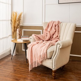 Knit Throw Blanket for Couch Farmhouse Lightweight Soft Cozy Throw Blanket with Fringe Decorative Rustic Small Lap Blanket Throws and Blankets for Bed 50 x 60 Inch, Modern Cable Knit Pink