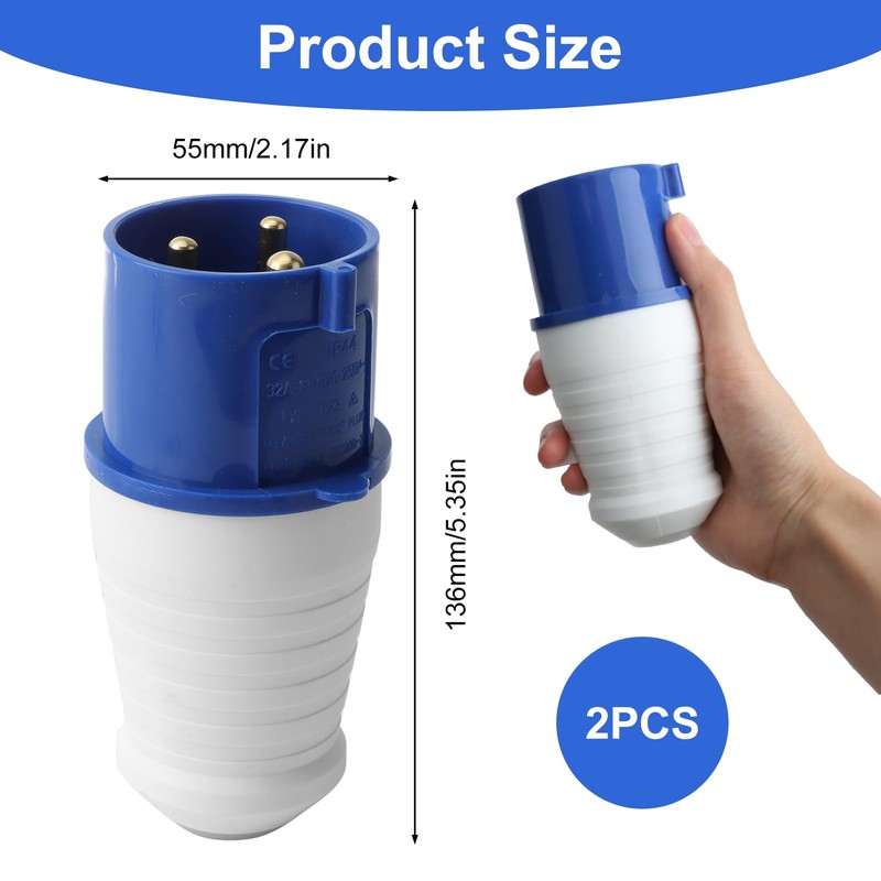 2PCS 32Amp Plug Socket,Industrial Plug 1-Phase 3 Pin Waterproof IP44