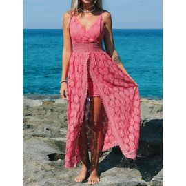 CUPSHE Summer Women Ruffle Briefs, Smocked Jumpsuit Dress, V-Neck Spaghetti Straps, Backless Maxi, High Low, Pink - Dusty Pink