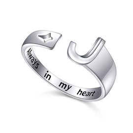 FLYOW 925 Sterling Silver Stacking Initial Letter and Lucky Star Ring Alphabet Adjustable Open Rings Engraved Always in my heart, Great Gift for Women Teens (J)