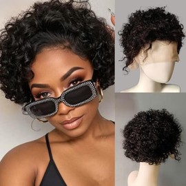 Tangboyun Curly Wigs 13x1 Lace Front Wigs Glueless Pre Plucked Natural Hairline 100% Human Hair Wigs Heat-Safe & Colorable for Women Daily Party Use（6 Inch Black）