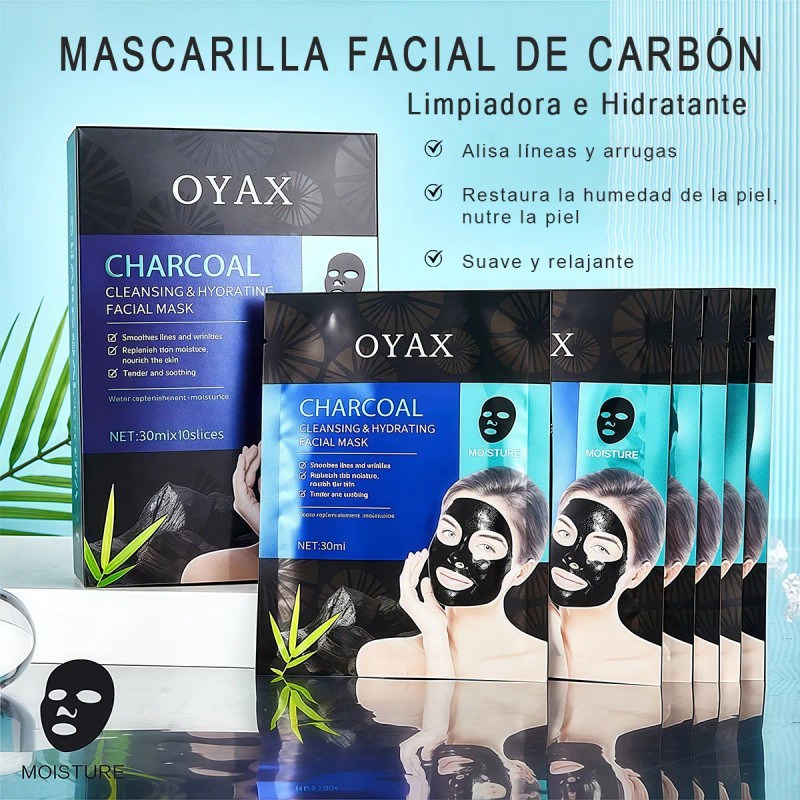 Fascarillas Negras Carbón Activado Ácido Hialurónico 10pz