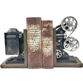 Bellaa 20904 Vintage Camera Bookends Film Movie Projector Book Shelves Cottage Farmhouse Antiques Home Decor Black and Silver 8 Inch