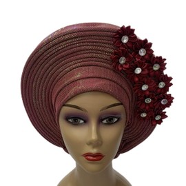 SugeGasa Pre Tied African Headtie Hat Turban Cap For Women Nigerian Aso Oke Headtie Auto Gele Head Wrap For Wedding Party-200G (Burgundy)