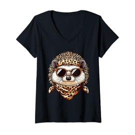 Womens Hedgehog Wearing Leopard Scarf Animal Wearing Sunglasses V-Neck T-Shirt