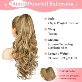 Brikabia Ponytail Extension, 24" Claw Clip in Ponytail Extensions Long Wavy Curly Ponytail Hair Extension Jaw Clip on Pony Tails Hairpiece for Women, Medium Blonde with Blonde Highlights