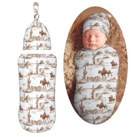 Muishi Vintage Western Cowboy Newborn Swaddle Blankets Hat Sets Soft Baby Receiving Blanket Swaddle Sack for Baby Shower Infant Boy Girl Gift