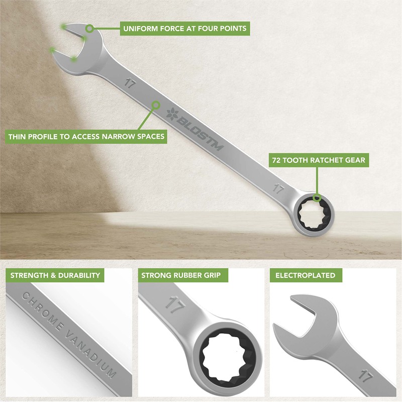BLOSTM Ratcheting Combination Wrench Spanner Set - 7-Piece Metric Ratchet