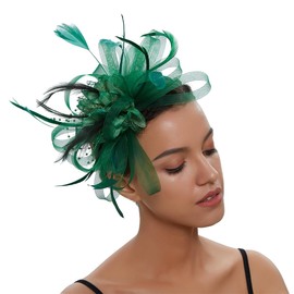 Michear Fascinators Hat for Women Feather & Silk Flower Hair Clip with Adjustable Band, Tea Party Headpiece for Weddings/Cocktail Events (UK, Alpha, M, Green)