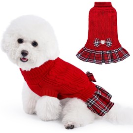 SlowTon Dog Sweater Dress with Bowtie - Dog Soft Pet Sweater Turtleneck Warm Pullover Sweater with Leash Hole, Stretchy Knitted Dogs Clothes Dog Coats Winter Clothes for Small Medium Puppies