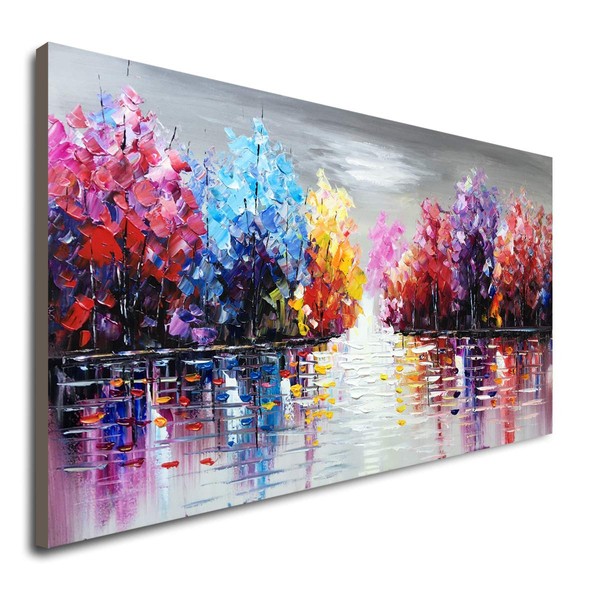 Hand Painted Lake Landscape Canvas Wall Art with Colorful Tree