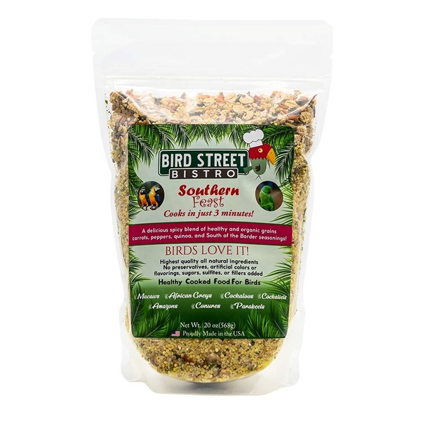 Parrot Food by Bird Street Bistro Southern Feast | Cooks in 3 min. | All Natural & Organic Grains and Legumes, Healthy, Fruits, and Vegetables, Spices - No Fillers, Sugars, Sulfites (Large 20 oz.)