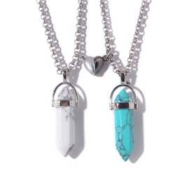 2 imanes de atracción mutua de cristal a juego para parejas, collar magnético de corazón de amor, collar de piedra natural para mujeres y hombres, collar de amistad, Metal, Piedra