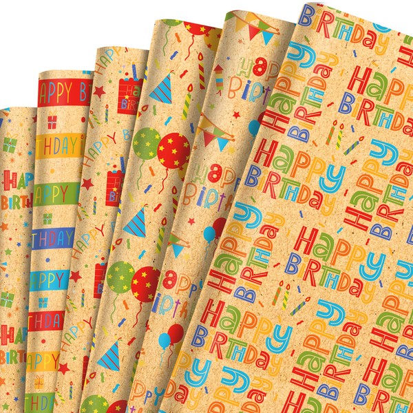 12 Sheets of Wrapping Paper Birthday Kraft Wrapping Paper, 6