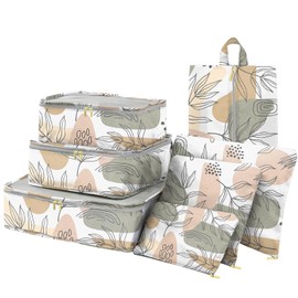 BHAHB 7 Set Packing Cubes Travel Luggage Organizers for Suitcase Travel Accessories with Shoe Bag for Girls Women Aesthetic Art Cute Abstract Wave Wavy Leaves-Tropical Leaves