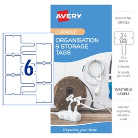 Avery Durable Organisation & Storage Tags - Organisation Stickers - Home Storage & Organisation - White, 40 x 60 mm, 24 Labels / 4 Sheets (39032)