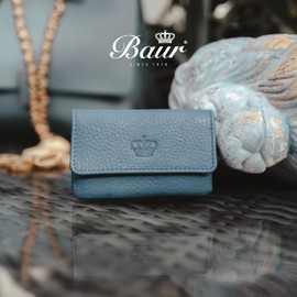 Baur Women's Key Case Real Leather Key Case with Coin Compartment and Metal Key Ring Key Pocket with Zip & Press Stud Note & Card Compartment Small Purse, Dove Blue, Classic