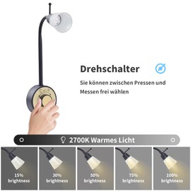 BKZO Dimmable LED Socket Lamp, Reading Light, Reading Lamp, Brushed Nickel, 2 W, Plug Light with Gooseneck, Flexible, Warm White, 2700 K, Black