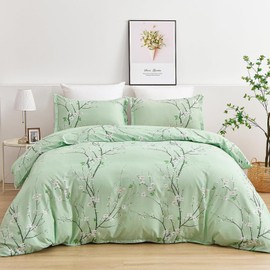 Freyamy Flower Bed Linen 155 x 220 cm 2-Piece Green Sage Green Plum Blossom Branch Bedding Sets 100% Microfibre Soft Bed Linen Girls Duvet Cover with Zip and Pillowcase 80 x 80 cm