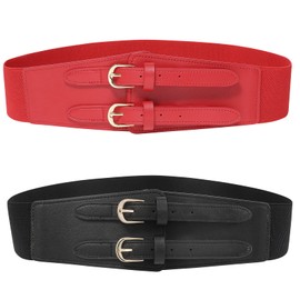 Wide Women's Waist Belt Elastic Belt - 6 cm Wide Waist Belt Double Buckle Adjustable Fashionable Women's Belt for Dresses, Black+red