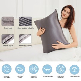 PEEKSLEEK 100% Mulberry Silk Pillowcases with Zipper– Luxurious, Anti-Aging Pillow Covers, 22 Momme 6A Grade Silk Pillow Cases 2 Pack for Hair and Skin Care (Dark Grey, Standard)