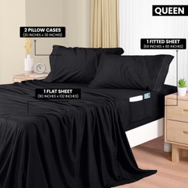 Utopia Bedding Queen Size Sheet Set, Soft Microfiber 4 Piece Hotel Luxury Bed Sheets with Deep Pockets - Embroidered Pillow Cases - Side Storage Pocket Fitted Sheet - Flat Sheet (Black)