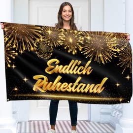 Finally Retirement Banner 150 x 90 cm - Rente Gut Alles Gut Garland - Alles Gute Zum Ruhestand Decoration - Vivid Digital Print - 110 Denier Polyester - Double Stitching (Black & Gold)