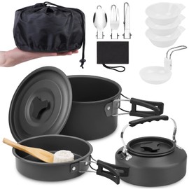Camping Cookware Set, 14 Pieces, Aluminium Tableware, Camping Tableware, Outdoor Cooking, Foldable Cooking Pot, 1.1 L Tea Kettle, Camping Pot, Cutlery for 2-3 People