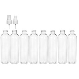 8 Ounce Cosmo Round Bottles, PET Plastic Empty Refillable BPA-Free, with White Ribbed Spray Pump Caps (Pack of 8) (Clear)