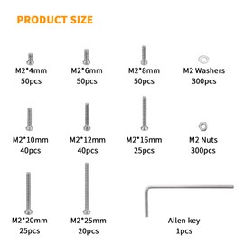 TOOINKCV 900 Pcs M2 Screws, Nuts and Washers Set - Hex Socket Head Cap Screws Kit - Stainless Steel Bolts Assortment - Metric Machine Screws With Fully Threaded Hex Nuts