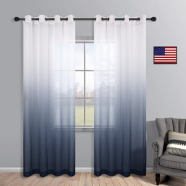 Navy Blue Curtains 84 Inch for Living Room Set 2 Panels Grommet Window Semi Sheer Nautical Design Faux Linen Ombre Navy Curtains for Boys Bedroom Nursery Men Office Decor Deep Dark Blue and White
