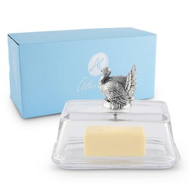 Arthur Court Glass Butter Dish with Lid Turkey Knob | Classic 2-Piece Design Covered Butter Keeper | Covers and Holds a Standard Stick of Butter | Thanksgiving Table